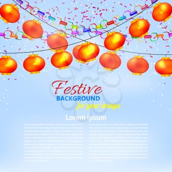 Winter blue background with a garland of orange Chinese lanterns, paper chains and confetti. Vector illustration.