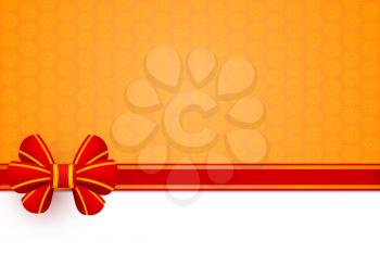 Red bow gift wrapping on an orange flower background. Vector illustration. 