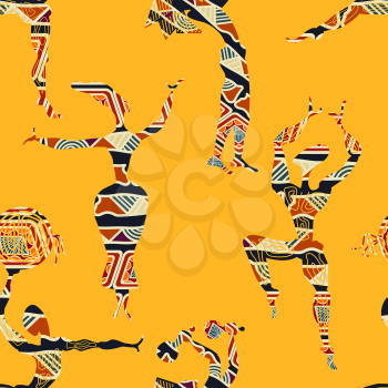 Ethnic yellow seamless texture with figures of dancing people. Vector illustration