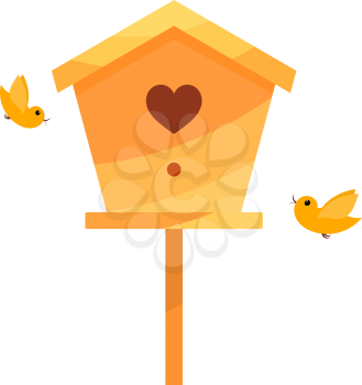 Yellow Cartoon birdhouse on a white background with two birds. Isolate. Bird house with 
the heart. Symbol of family happiness. Stock vector