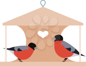 Two bullfinch on manger. Two birds on a wooden manger with heart on a white background. Illustration of love and friendship. stock vector