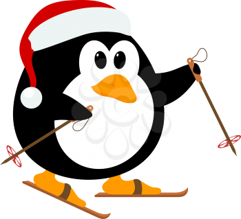 Vector illustration of cute little penguin wearing a hat of Santa Claus on skis. Winter sport. 
Baby penguin on skis.