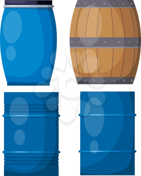 Vector set casks on a white background. Illustration of a wooden and metal blue barrels, 
isolate object.