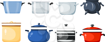 Set of kitchen pans in the style of a card. Vector illustration of kitchen accessories. Kitchen casserole on a white background