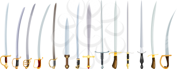 Vector illustration of an old weapon on a white background. Vintage swords with hilts, color image of bladed weapons