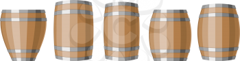 Set of differently shaped wooden barrels with a metal hoop. Vector illustration of containers for liquid products