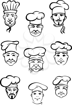 Collection of black and white vector doodle sketches of the heads of chefs in traditional toques with nine different variations