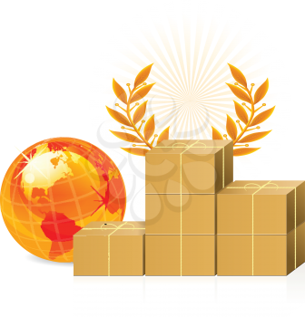 Royalty Free Clipart Image of Boxes, a Globe and a Laurel
