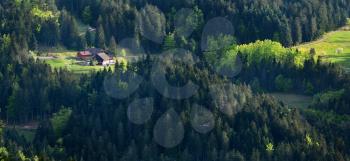 Panoramic picturesque landscape of a European secluded country house of Schwarzwald