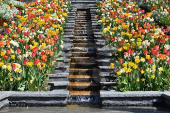 Beautiful flower bed Italian Slide with a waterfall, tulips and daffodils