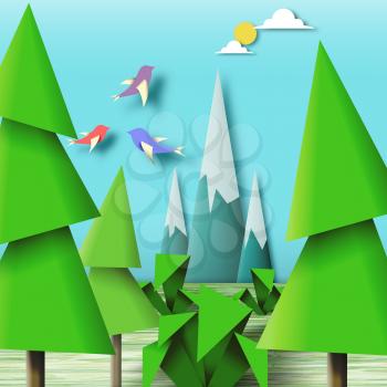 Paper Origami Figures, Colorful Kids Art Landscape, Geometric Paper Scene, Decorative Baby Toys, Amazing Origami Style, Template for Banner, Card, Poster, Unusual Vector Illustration Art Design