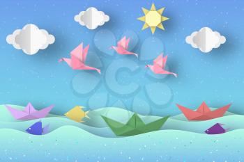 Cut Birds, Ships, Palm Tree, Clouds and Sun Style Paper Origami Crafted World. Cutout Made Template with Elements and Symbols. Landscape for Banner, Card, Poster. Vector Illustrations Art Design.