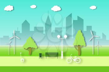 Eco Environment Ecology Concept. City Life with Cut Paper Trees, Buildings, Wind Farm. Earth lifestyle. Bike and GyroScooter in the Park. Template for Banner, Card. Vector Illustrations Art Design.