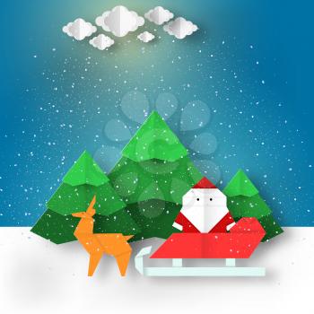 Artistic paper origami style Santa Claus and deer on Christmas background can be used for congratulations with winter holidays this image is a vector illustration