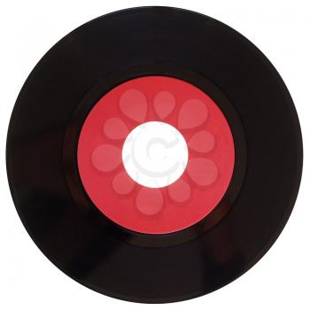 Vinyl record vintage analog music recording medium, 45rpm single with red label isolated over white