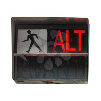 Traffic light for pedestrian crossing showing Alt sign in red meaning Stop