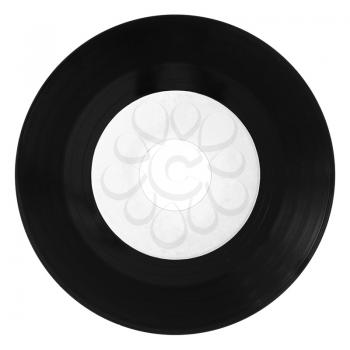 Vinyl record vintage analog music recording medium, 45rpm single with white label isolated over white