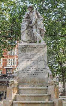 Monument to William Shakespeare in Leicester Square built in year 1874 in London, UK