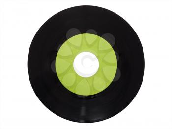 Single vinyl record vintage analog music recording medium 45 rpm isolated over white, green label