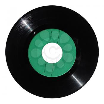 Vinyl record vintage analog music recording medium with green label isolated over white