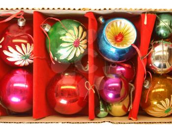 Box of baubles for Christmas tree decoration