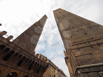 Torre Garisenda and Torre Degli Asinelli leaning towers aka Due Torri (meaning Two towers) in Bologna, Italy