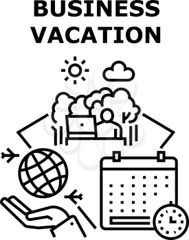 Business Vacation Relaxation Vector Icon Concept. Business Vacation Relaxation And Resorting Free Time, World Travel And Online Communication With Colleagues And Partners Black Illustration