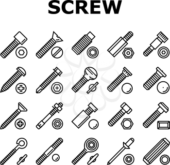 Screw And Bolt Building Accessory Icons Set Vector. Socket Head And Shoulder Screw, Press-fit And Hex Standoffs, Eyebolt With Peg And Rivet Engineer Equipment Black Contour Illustrations
