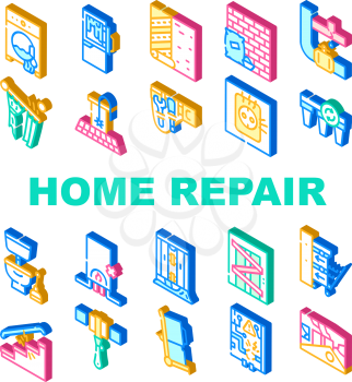 Home Repair Service Collection Icons Set Vector. Washing Machine And Pipe Repair, Defrosting Refrigerator And Installation Of Household Appliances Isometric Sign Color Illustrations