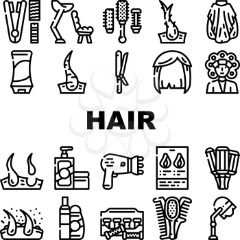 Healthy Hair Treatment Collection Icons Set Vector. Stationery Hairdryer And Dandruff, Shampoo And Balm For Hair, Thermo Curlers And Wig Black Contour Illustrations