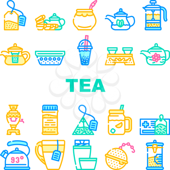 Tea Healthy Drink Collection Icons Set Vector. Ceremony Table And Dish For Drinking Healthcare Tea, Teapot And Cup, Bag And Mesh Of Beverage Concept Linear Pictograms. Contour Illustrations