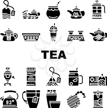 Tea Healthy Drink Collection Icons Set Vector. Ceremony Table And Dish For Drinking Healthcare Tea, Teapot And Cup, Bag And Mesh Of Beverage Glyph Pictograms Black Illustrations