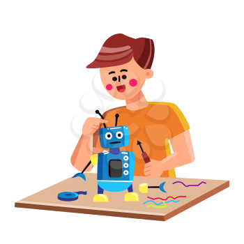 Child Building Or Repairing Mechanic Robot Vector. Boy Kid Construct With Screwdriver And Coding Electronic Robot. Character Infant Constructing Robotic Toy Flat Cartoon Illustration
