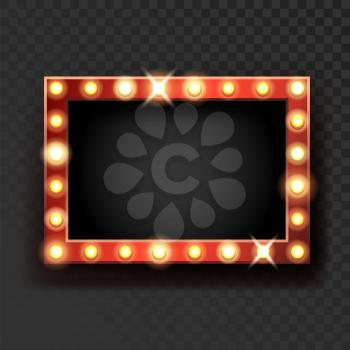 Broadway Sign With Lighting Lamps On Frame Vector. Blank Broadway Advertising Banner With Glowing Lightbulbs, Sparkling Billboard. Vintage Decoration And Signboard Template Realistic 3d Illustration