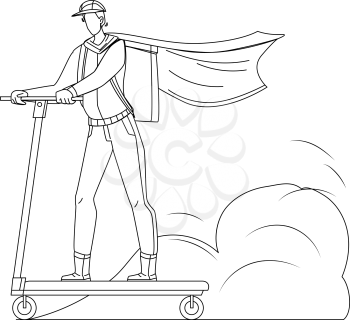 Courier Man Riding Scooter Delivery Service Black Line Pencil Drawing Vector. Courier Man With Box And Wearing Red Cloak Delivering Customer Order. Character Ride Electric Urban Transportation Illustration