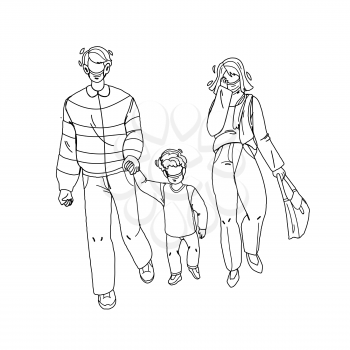 Dust Pollution Protective Mask Wear Family Black Line Pencil Drawing Vector. Father, Mother And Son Walking On Street And Wearing Facial Protection Accessory From Dust Or Dangerous Smoke. Character Illustration