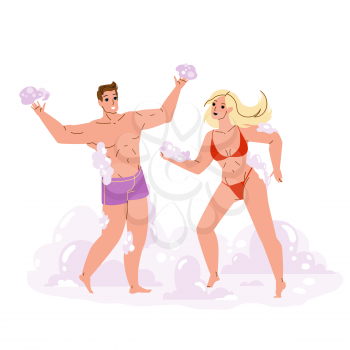 Boy And Girl Enjoy On Foam Party Together Vector. Young Man And Woman Couple In Swimming Suit Enjoying On Foam Party Entertainment. Characters Funny Leisure Time Flat Cartoon Illustration