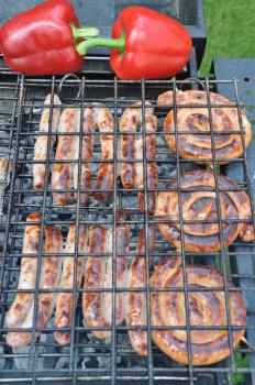 Royalty Free Photo of Meat and Peppers on a Barbecue