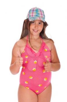 Royalty Free Photo of a Girl in a Swimsuit Giving a Thumbs Up