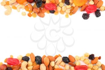Different nuts, dried fruits and berries on white background, top view�