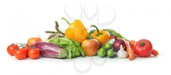 Fresh fruits and vegetables on white background. Healthy food concept�