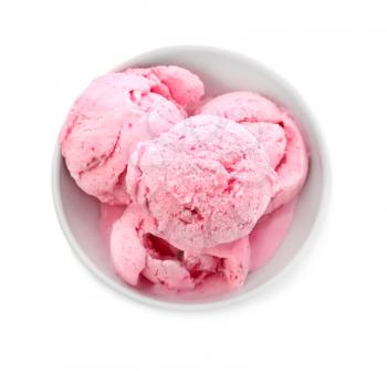 Bowl with delicious raspberry ice-cream on white background�