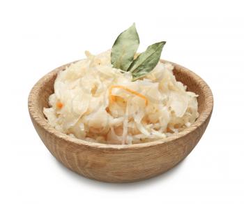 Bowl with delicious sauerkraut on white background�