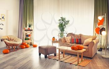 Interior of room decorated for Halloween party�