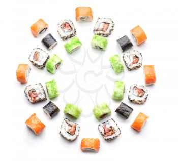 Composition with tasty sushi on white background�