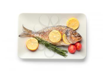 Plate with grilled dorado fish on white background�