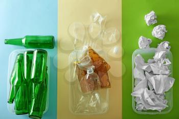 Different sorted trash on color background. Recycle concept�
