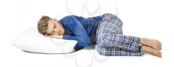 Handsome sleeping man with pillow on white background�