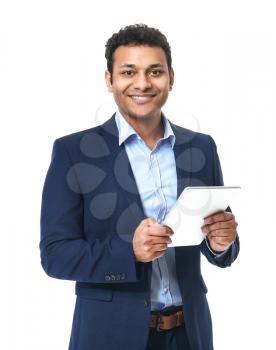 Portrait of handsome businessman with tablet computer on white background�