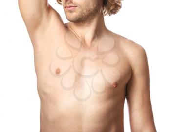 Naked young man after epilation on white background�